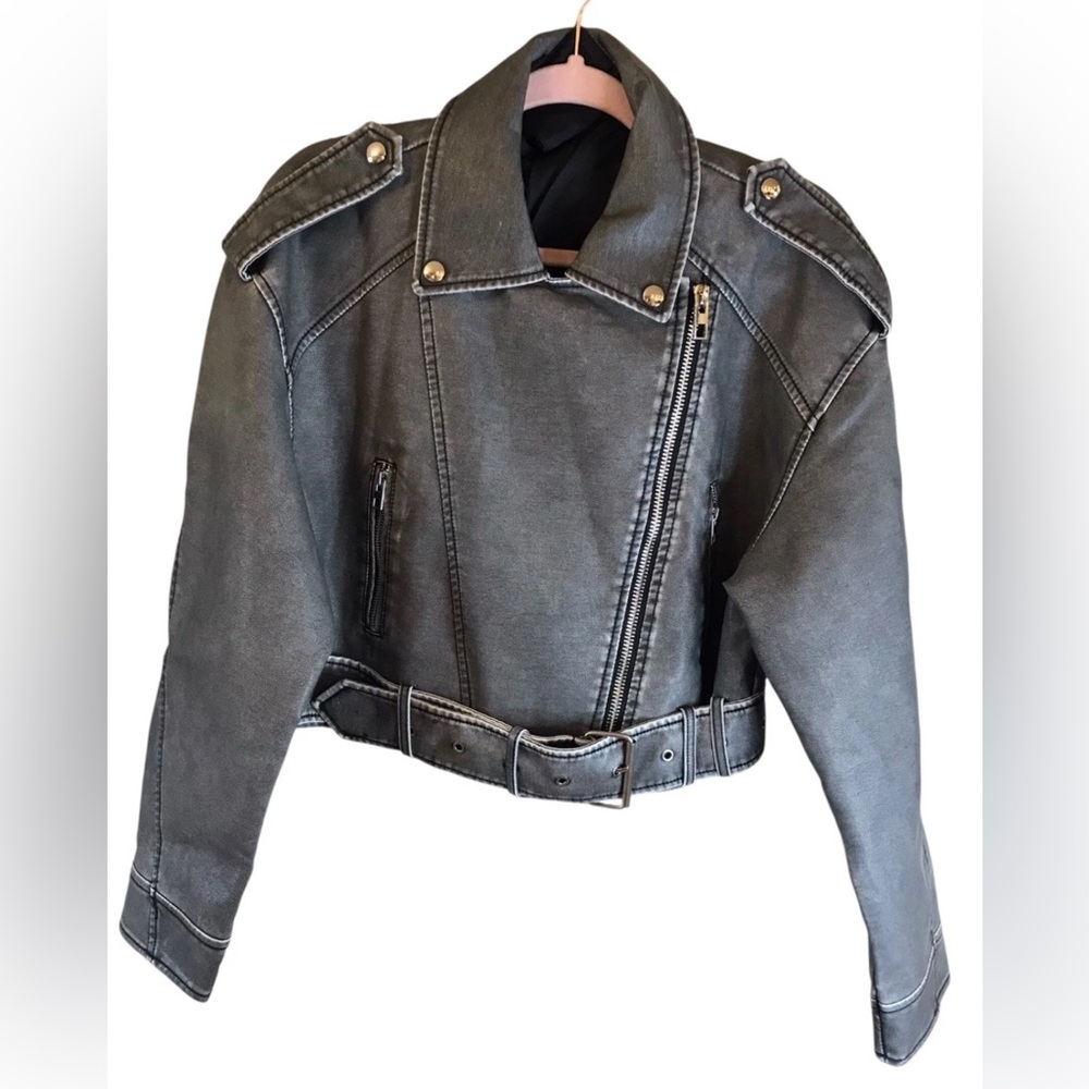 NWOT Women’s Ladies Biker Faux Leather Jacket Cropped MOTO Belted Zip Up Coat XL